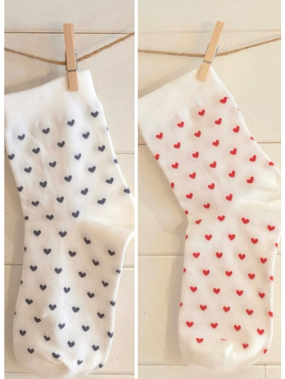 🆕-Brandy Melville Set if 2-Heart Print Crew Socks -White with Red & Blue Hearts